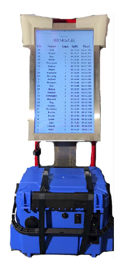Standing Trackside Display (Displays, laps, splits, totals mile run and live phone results.)